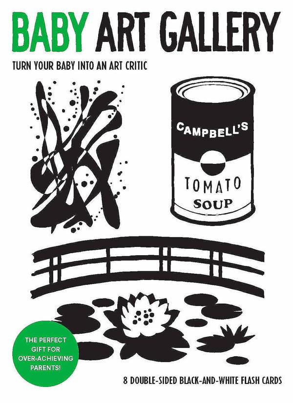 A black and white book cover with illustrations of a soup can and abstract art works. The title reads "Baby Art Gallery."