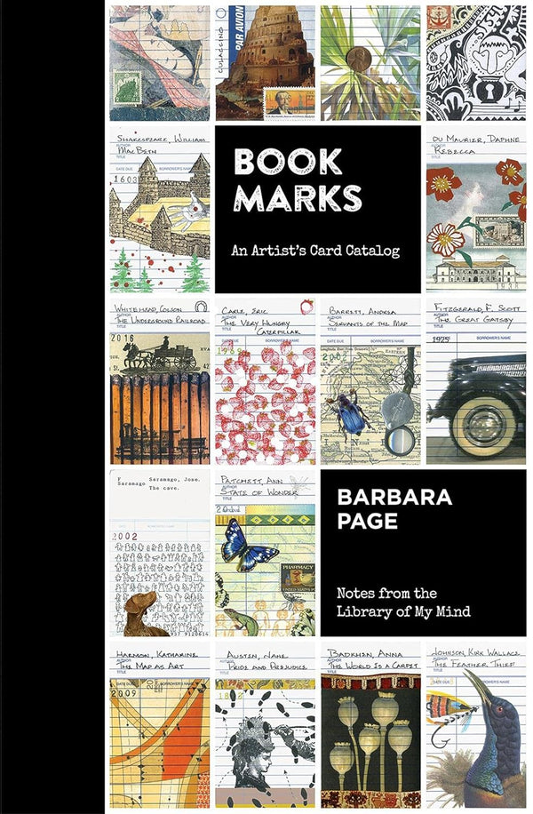 A book cover with several small illustrated post cards placed next to each other. The title reads "Book Marks: An Artist's Card Catalog."