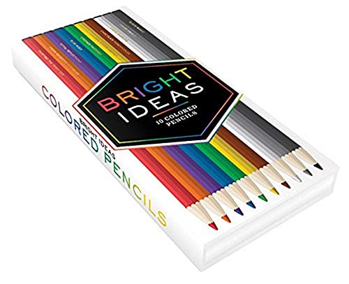 A white box containing colorful pencils in red, orange, green, and other colors. The box reads "Bright Ideas: 10 Colored Pencils."