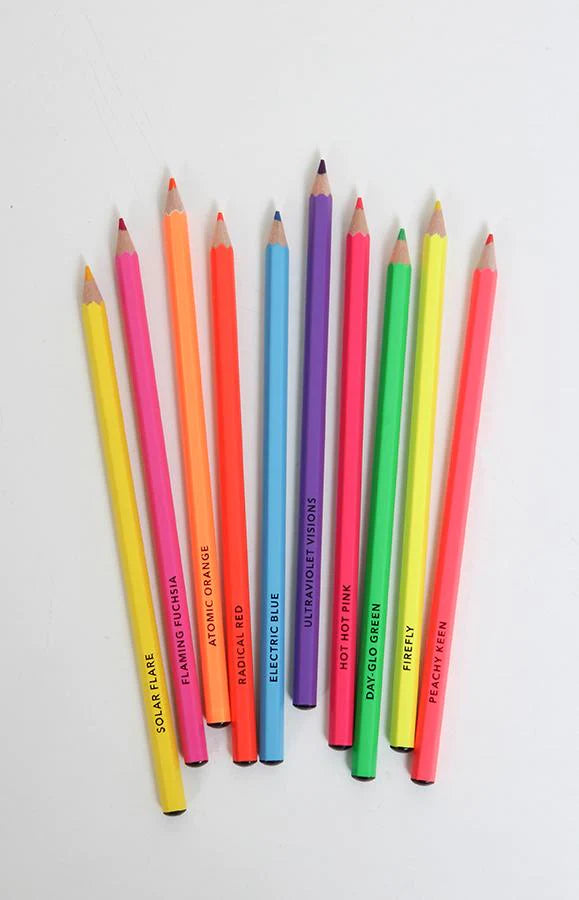 Ten pencils in different neon colors. Each pencil has a name printed on it, including "Solar flare" and "Firefly."