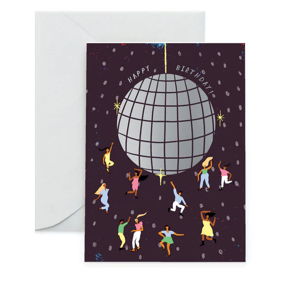 Birthday card with an illustration of a large discoball and tiny people dancing under it. The card reads "Happy Birthday."