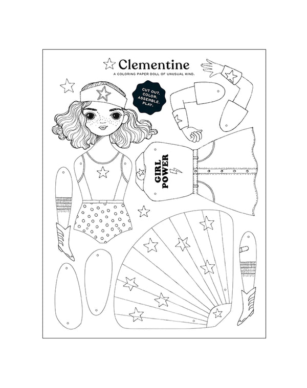 An outline of a paper doll printed on white paper with accompanying clothing items next to it. The title reads "Clementine: Coloring Sheet."