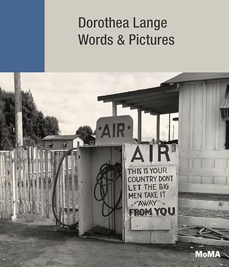A black and white book cover featuring a photograph of an old gas station. The title reads "Dorothea Lange: Words and Pictures."