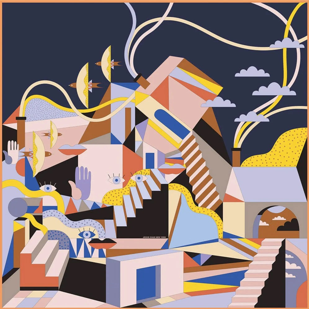 A colorful poster of a deconstructed blend of buildings, people, flowers, and geometric shapes that merge two-dimensional and three-dimensional space.