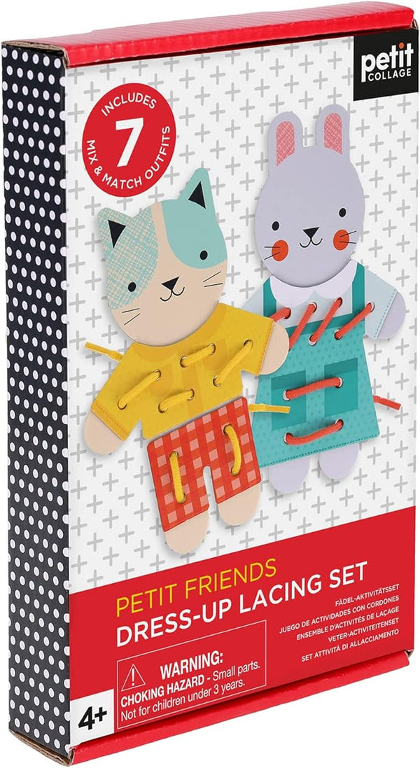 Children's game in a box featuring an illustration of a cat and a bunny. The title reads "Dress-up: Petit Friends."