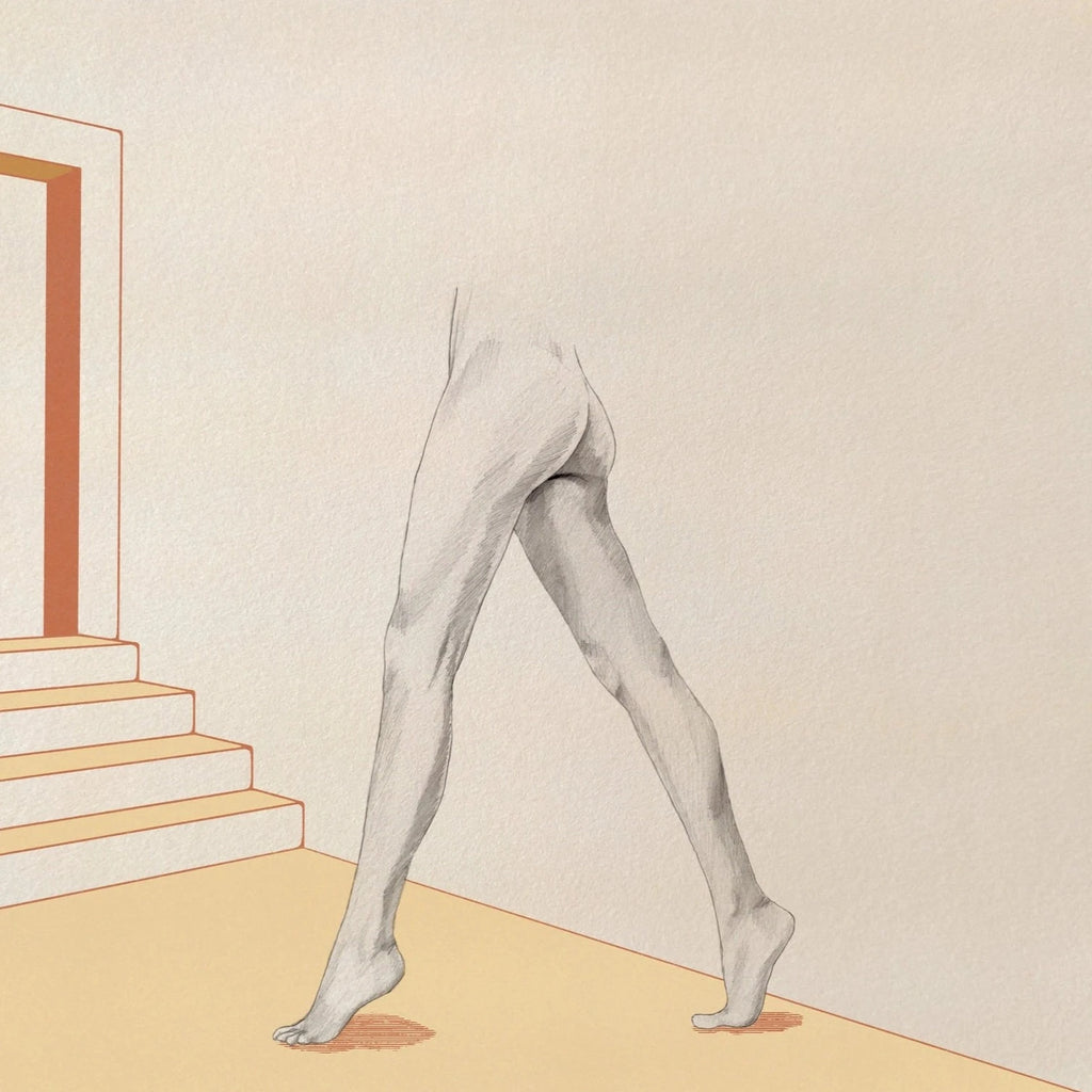 A drawing of women's legs walking towards stairs.