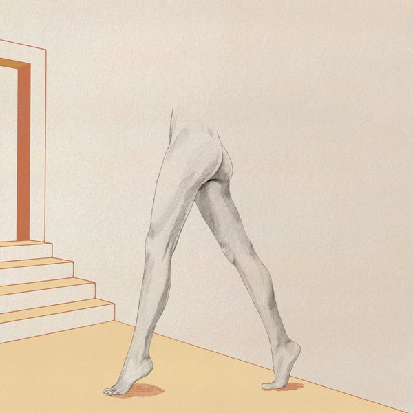 A drawing of women's legs walking towards stairs.
