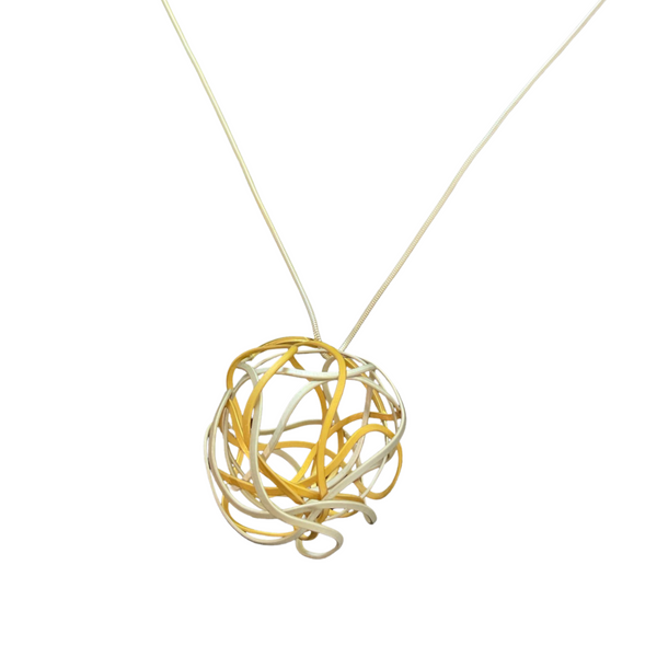 A silver and golden necklace in the shape of a ball made from several wires attached to a golden chain.