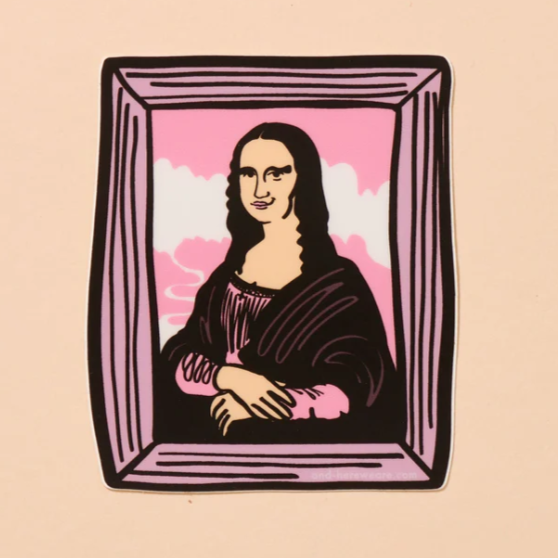 A beige background with a pink sticker before it. The sticker features a recreation of the Mona Lisa with lipstick and a smirk. 