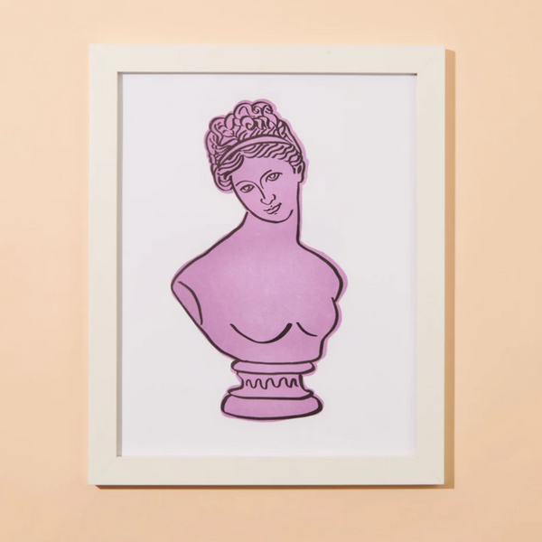 A peachy background with a framed print before it. The print features a bust of Helena. 