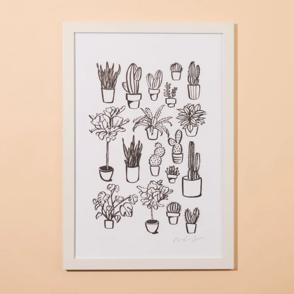 A peachy background with a framed print before it. The print features outlines of various plants.