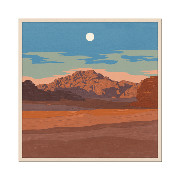 A print of a desert landscape with a mountain range in the far back.