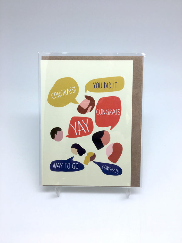 A greeting card with illustrations of several people's heads and speech bubbles on a yellow background.