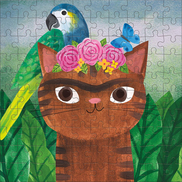 A puzzle with an illustration of a cat with a mono-brow and a flower crown and a bird sitting on its head.