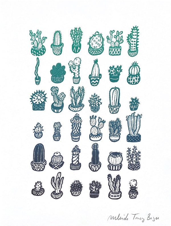 A greeting card with an illustration of several rows of cacti next to each other, drawn in blue.