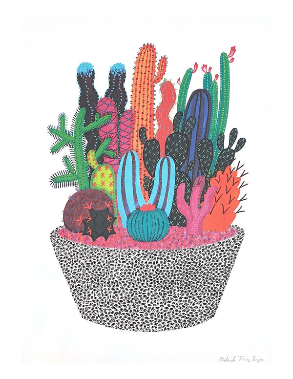 An illustration of a colorful cactus garden in a black and white pot. The cacti have a variety of colors, creating a dream-like scenery.
