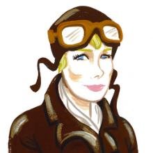 An illustration of a woman in a pilot's uniform.