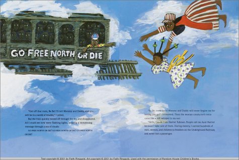 The back of a book with colorful illustrations of a woman and a kid flying in the sky.