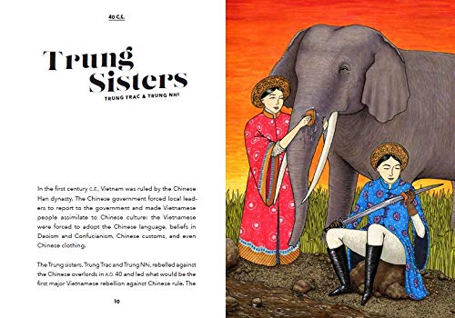 Look inside a book with an illustration of two Asian women next to an elephant. The text on the right reads "Trung sisters." 