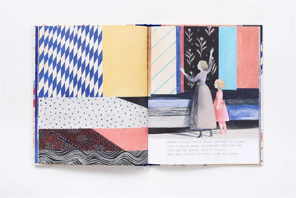 Look inside a book featuring illustrations of a woman and a child standing next to a colorful wall with abstract patterns.