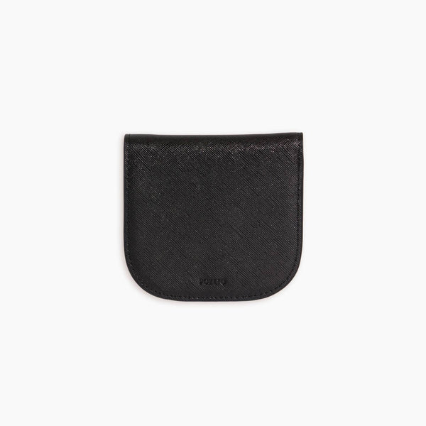 A black vegan leather wallet before a white background.