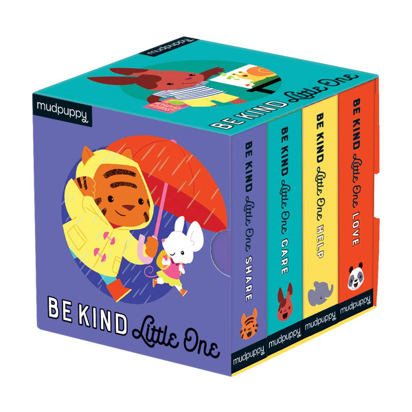 A colorful slipcase box with four books in different colors. There is an illustration of a tiger in a raincoat holding a red umbrella on the box. The title reads "Be kind Little One."