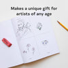 An open book with illustrations next to a text that reads: "Makes a unique gift for artists of any age."