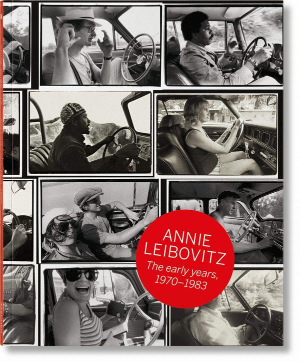 Book cover featuring many black-and-white portraits of people sitting in cars. The title reads: "Annie Leibovitz. The Early Years, 1970–1983."