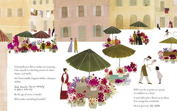 Look inside a book featuring illustrations of a flower market and next.