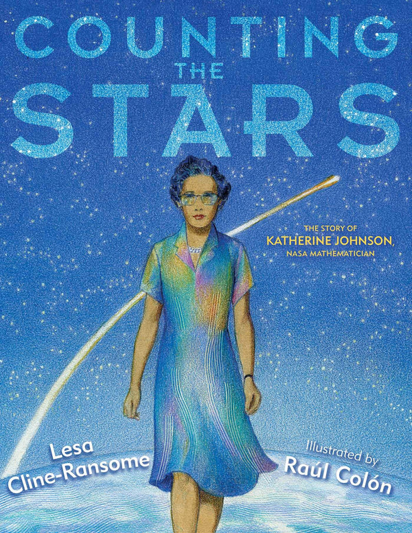 Book cover with an illustration of a woman walking before a planet and space. A shooting star is right behind her. The title reads "Counting the stars."
