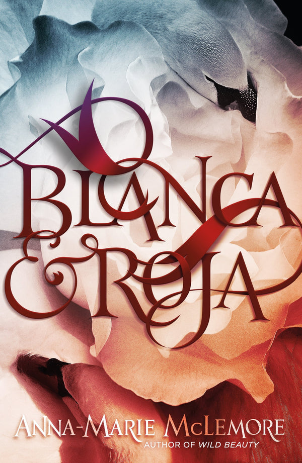 A colorful book cover with a swan and a flower emerging into each other and the title "Blanca & Roja."