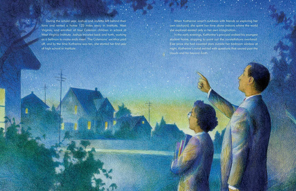 Look inside an illustrated book featuring two people looking and pointing up to the stars in the night sky.