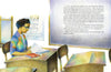 Look inside a book featuring an illustration of a woman sitting in a classroom taking a test. Behind her, a poster reads "Jobs for boys."