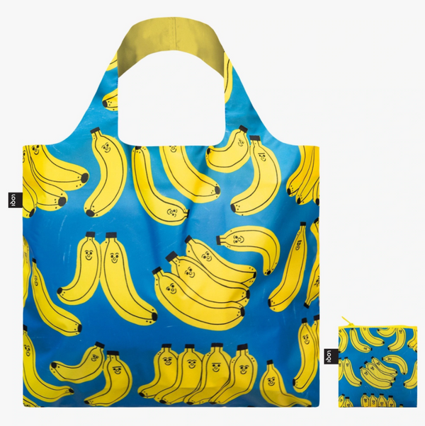 A blue bag with illustrations of bananas with faces.