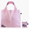 Back side of a pink bag with an illustration of a flower with a sad face.