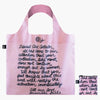 A pink recycled bag with text in cursive. The text starts with "Dearest Art Collector."