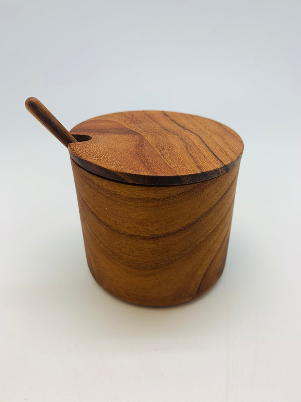 Teak Cellar with Notched Lid and Spoon