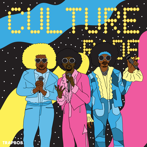 A print of three men with a dark skin tone in disco outfits wearing sunglasses. The title reads "Culture."