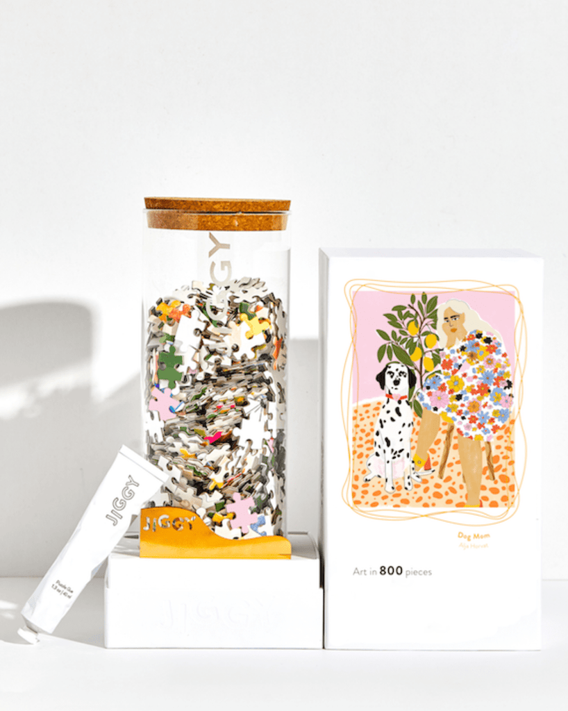 A colorful puzzle in a glass jar. The box next to it depicts an illustration of a woman sitting next to a dog.