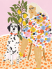 A colorful illustration of a woman sitting next to a dog.