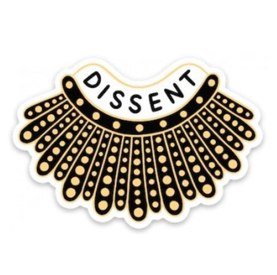 A sticker of a collar with the word "Dissent" written on top of it.