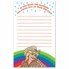 A notepad with a woman in front of a rainbow. The text above reads  "If you want the rainbow you gotta put up with the rain."