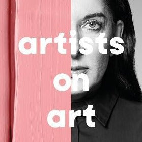 Book cover featuring a photograph of a woman with long black hair and a pink brushstroke obscuring half of her face. The title reads "artists on art."