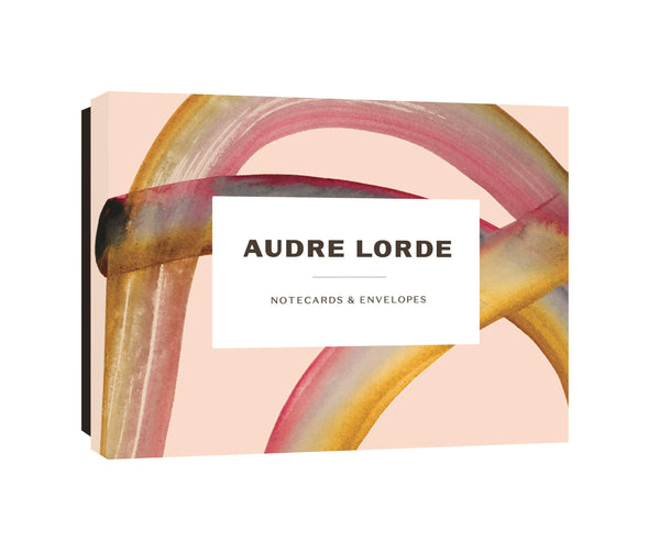 A box with an abstract painting in pink and yellow and the text "Audre Lorde: Notecards and Envelopes."
