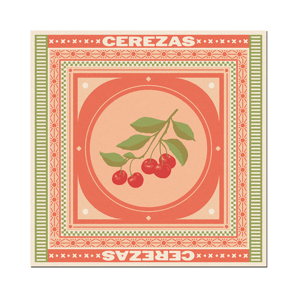 A print of cherries within colorful, printed frames. Text above and below reads "Cerezas."