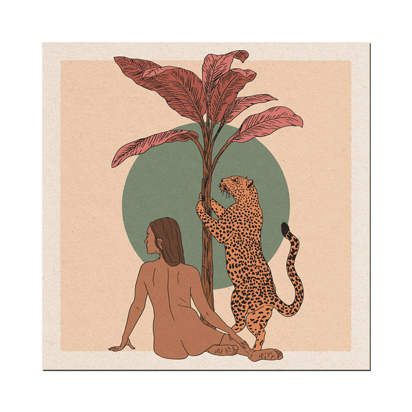 A greeting card with an illustration of a naked woman shown from the back, sitting next to a tree and a tiger.