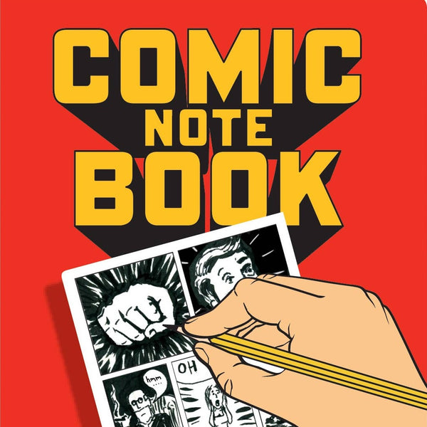 Red book cover with an illustration of a hand drawing a comic strip. The title reads "Comic Book Notebook."