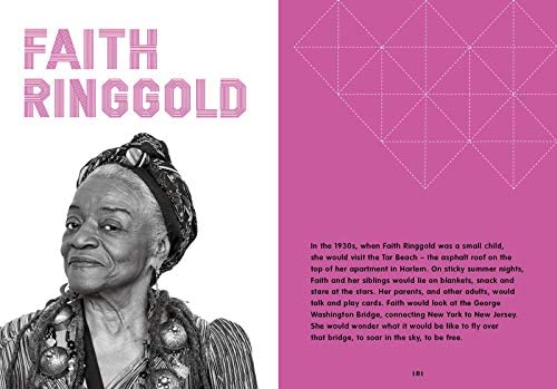 Look inside a book featuring a black and white portrait photograph of a woman with a dark skin tone. The text reads "Faith Ringgold."