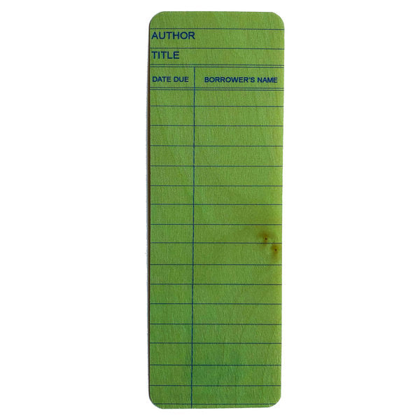 A bookmark resembling an old library card in green with blue lines.