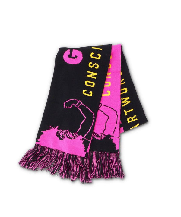 A pink and black scarf in the style of a soccer scarf with an illustration of a person in a gorilla mask holding up their fist.